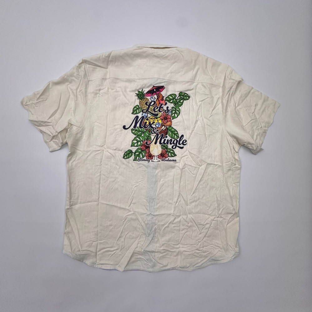 Tommy Bahama Shirt Mens XL Ivory Embroidered Big Graphic 100% Silk AOP Vacation
